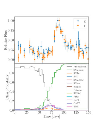 Figure: The brightness of a transient measured in two different frequencies (g and r) is shown in the top panel. The classification probabilities of 12 different transient types as predicted by our machine learning-based algorithm are plotted in the bottom panel. The correct transient type is predicted as the most probable type within just a few days of the explosion. The confidence in this prediction improves as more data is taken.