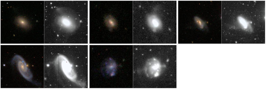 Figure 1: Examples of standard-depth images (left) from the Sloan Digital Sky Survey (SDSS) and deeper r-band Stripe 82 counterparts (right) of minor-merger remnants (Kaviraj 2014). Extended tidal debris due to the mergers is visible in the Stripe 82 imaging but not in the shallow standard-depth SDSS imaging. For comparison, single LSST visits will be as sensitive as the Stripe 82 imaging and the final LSST 10-year survey will offer images that are more than 100 times more sensitive than the Stripe 82.