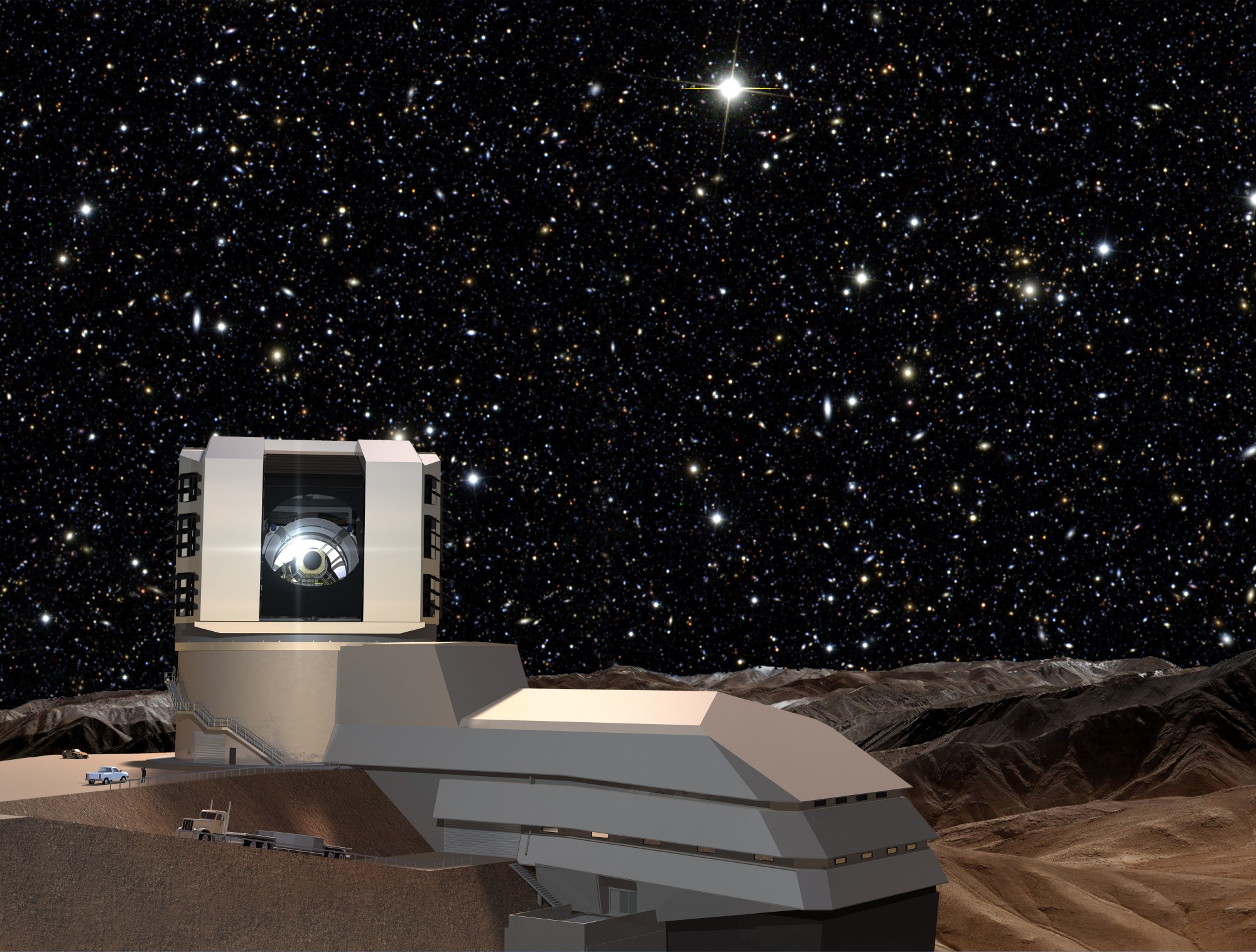 ﻿﻿An artist's impression of the LSST facility on Cerro Pachon in Chile. (Credit: LSST)